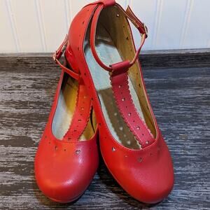 Red cottage core valentine Womens Red Mary Jane T-Strap Heart Platform Size 40/8